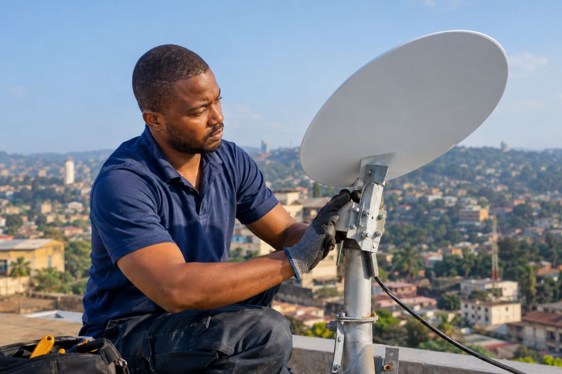 Technicien Bloosat installant une antenne satellite sur un toit à Yaoundé