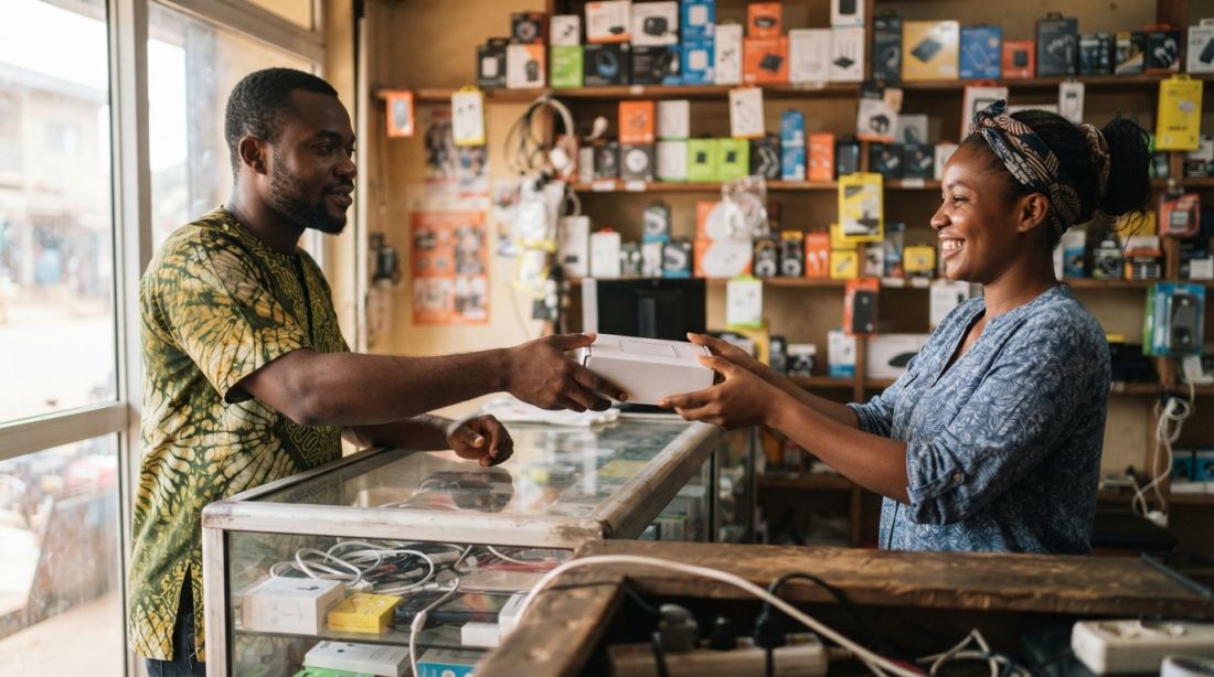 Revendeur Bloosat remettant un kit à un client dans sa boutique